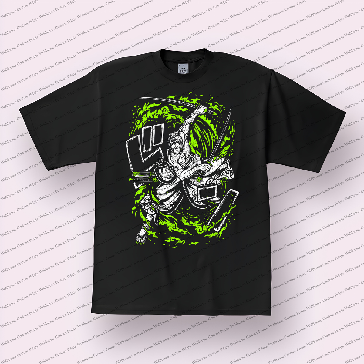 Zoro Leaping Sword Strike White Green Distressed Anime Graphic T-Shirt
