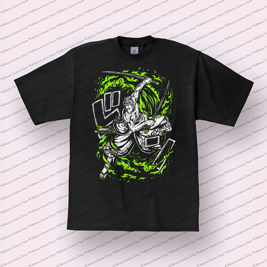 Zoro Leaping Sword Strike White Green Distressed Anime Graphic T-Shirt