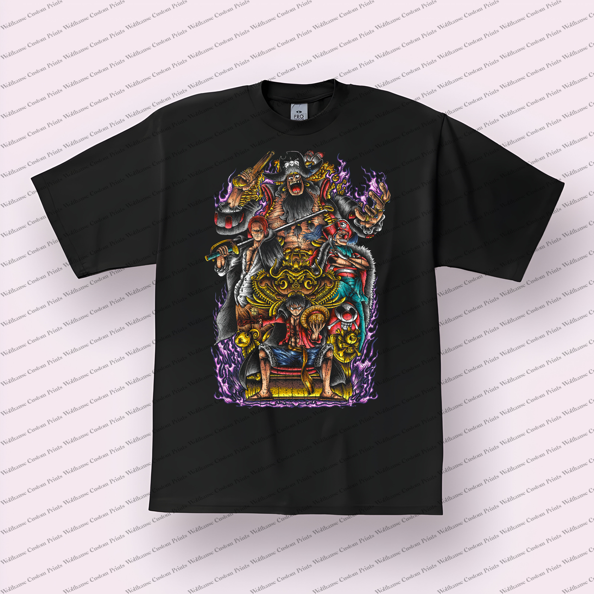 Straw Hat Crew Collage Throne Group Shot Purple Flames Distressed Anime Graphic T-Shirt