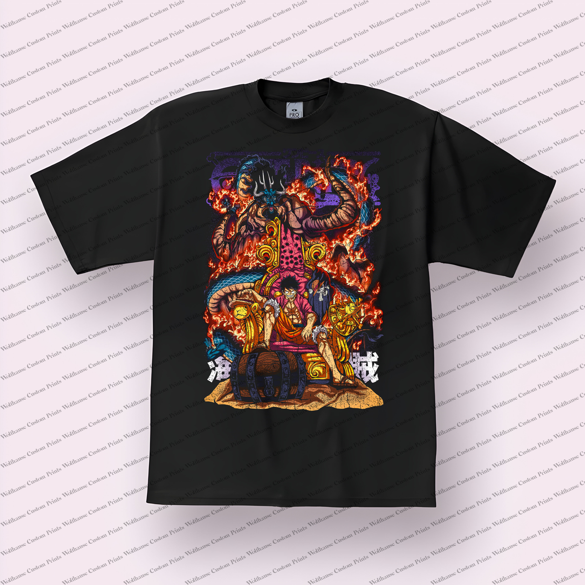 Luffy Throne Treasure Chest Dragon Flames Distressed Anime Graphic T-Shirt