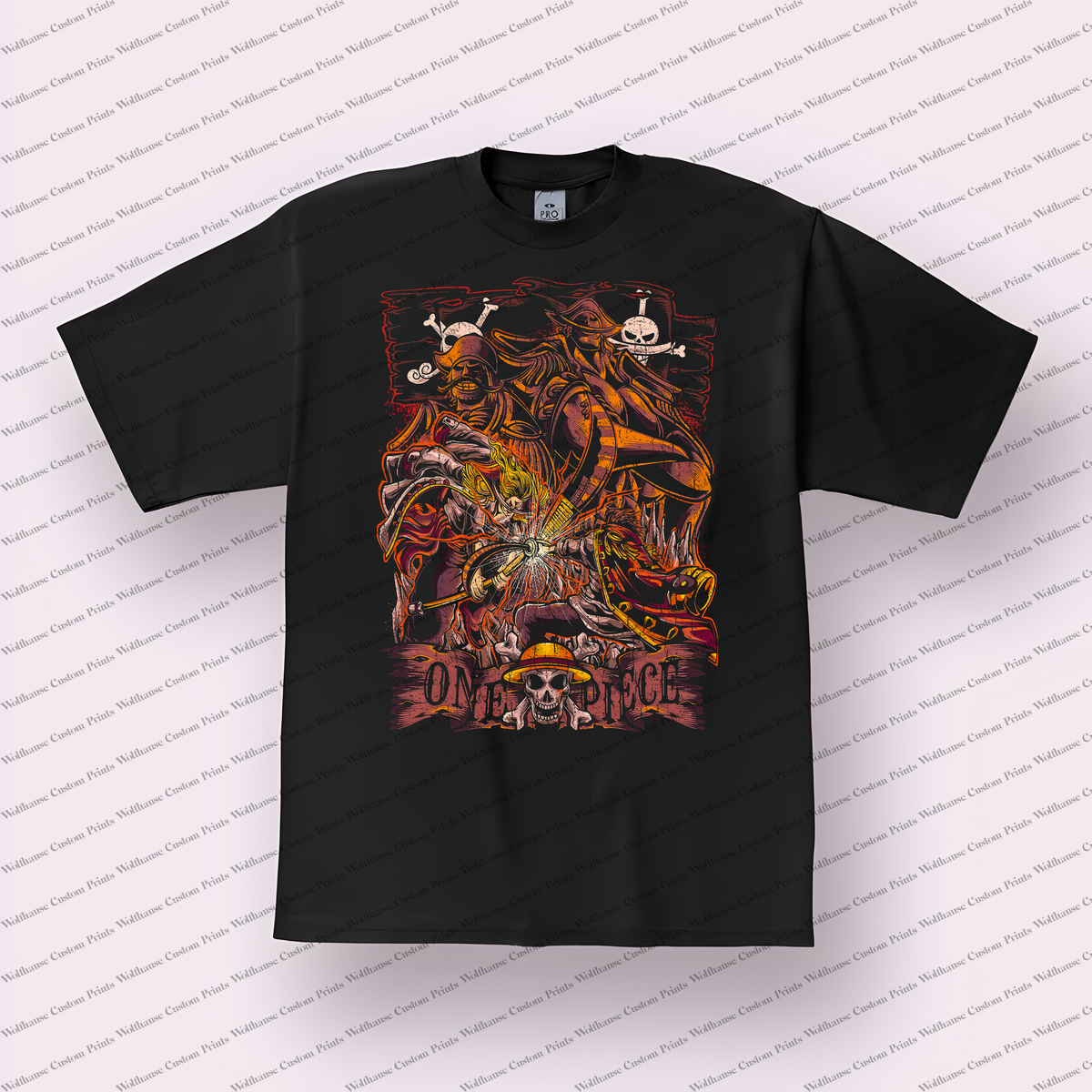 Fiery Pirate Skull Collage Distressed Anime Graphic T-Shirt
