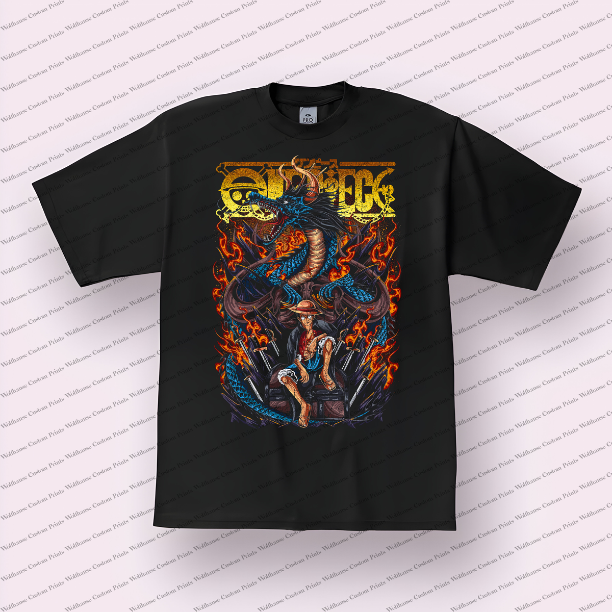 Luffy Throne Dragon Flames Logo Distressed Anime Graphic T-Shirt