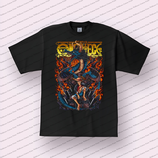 Luffy Throne Dragon Flames Logo Distressed Anime Graphic T-Shirt