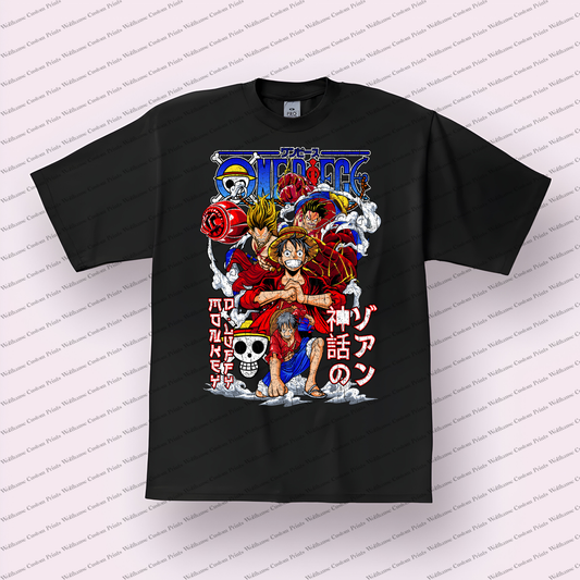 Luffy Gear Fifth Group Collage Distressed Anime Graphic T-Shirt