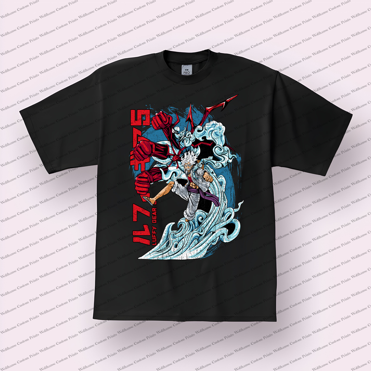 Luffy Gear Fifth Blue Wave Distressed Anime Graphic T-Shirt