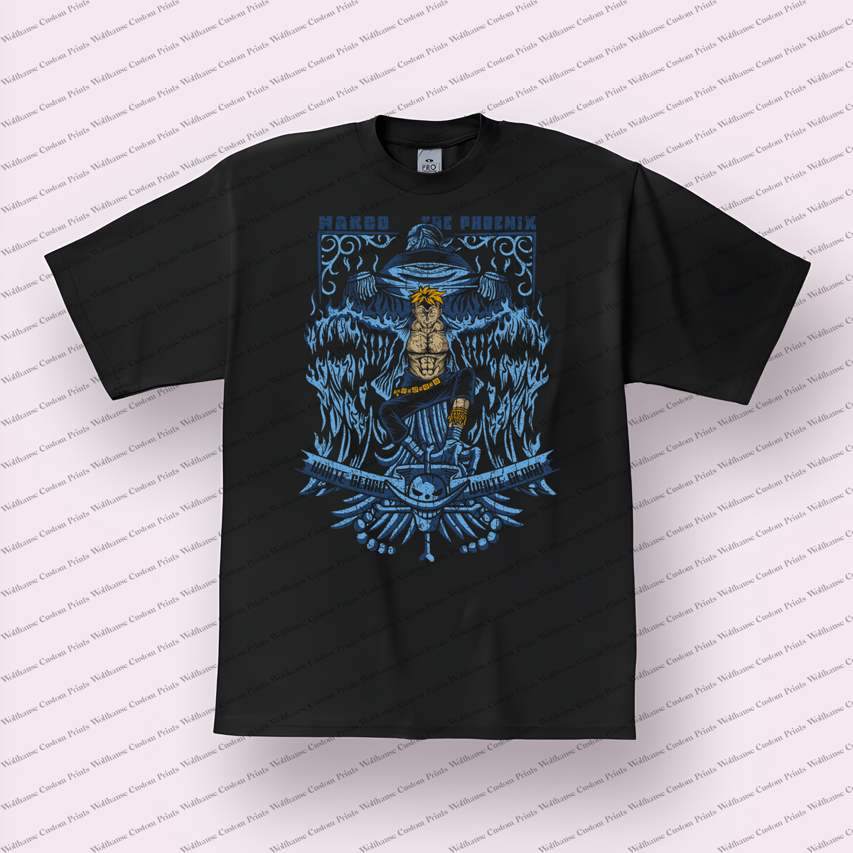 Marco Blue Phoenix Wings Emblem Distressed Anime Graphic T-Shirt