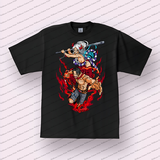 Ace and Yamato Flaming Duo Battle Stance Distressed Anime Graphic T-Shirt