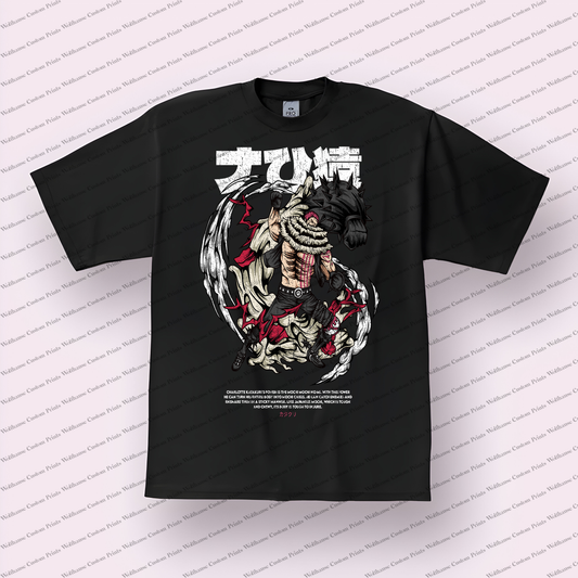 Katakuri Kanji Bio Text Monochrome Distressed Anime Graphic T-Shirt