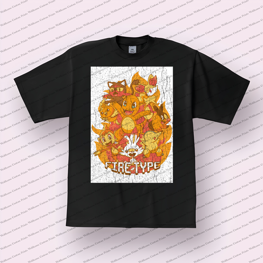 Charmander and Fire Type Collage Distressed Anime Graphic T-Shirt
